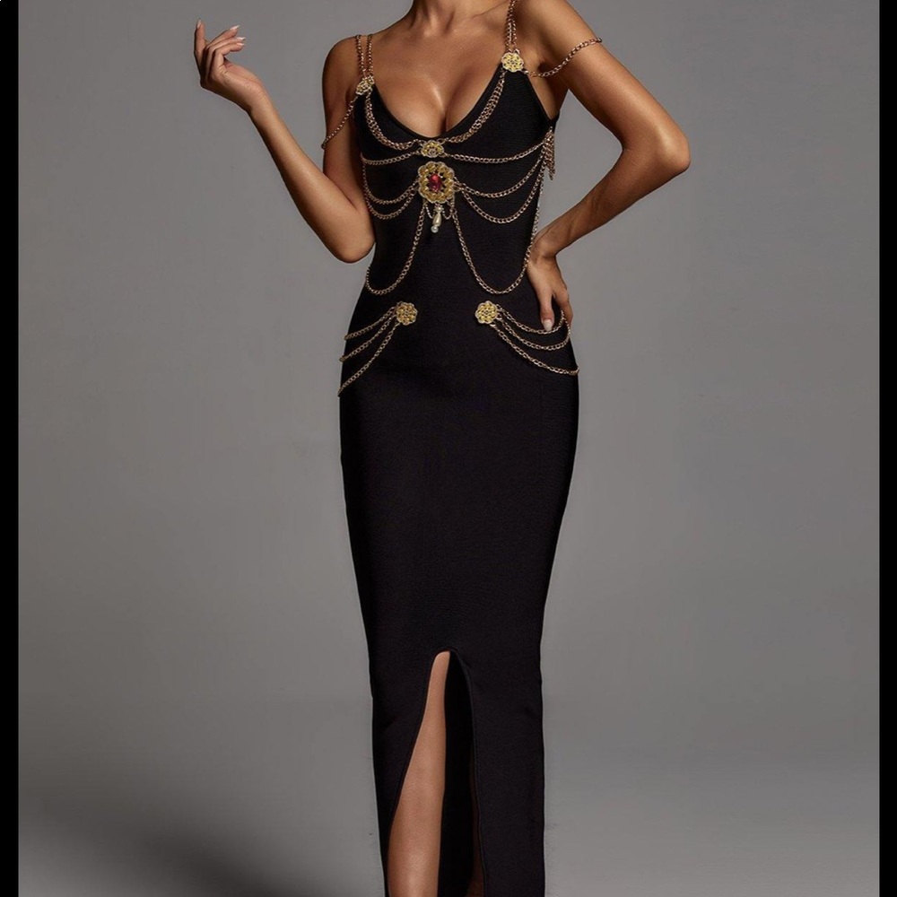 Black embellished dress with gold chain detailing from Bella Barnett